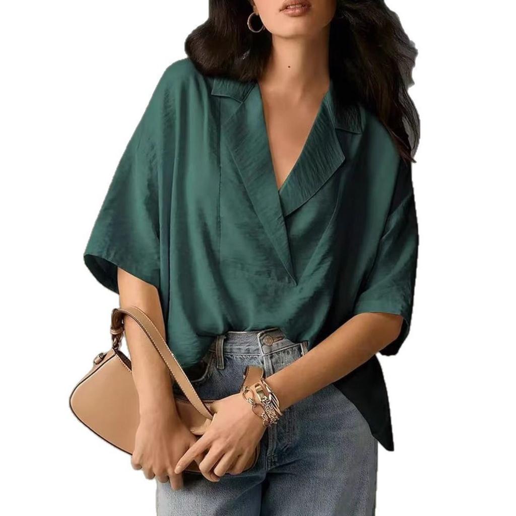 Women's, Short Sleeved, Lapel, Casual, Loose Fitting, Top, Solid Color Shirt
