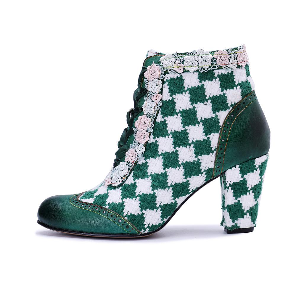 Johnature Women's High Heels Retro Genuine Leather Splicing Weaving Grid Pattern Flower Lace Short Boots