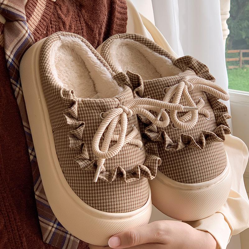 

Fashion Women Cute Bowtie Mary Jane Cotton Slippers 2025 Winter Soft Thick Bottom Outdoor Slippers Woman Non-Slip Flat Heels House Shoes 40-41 света кофе