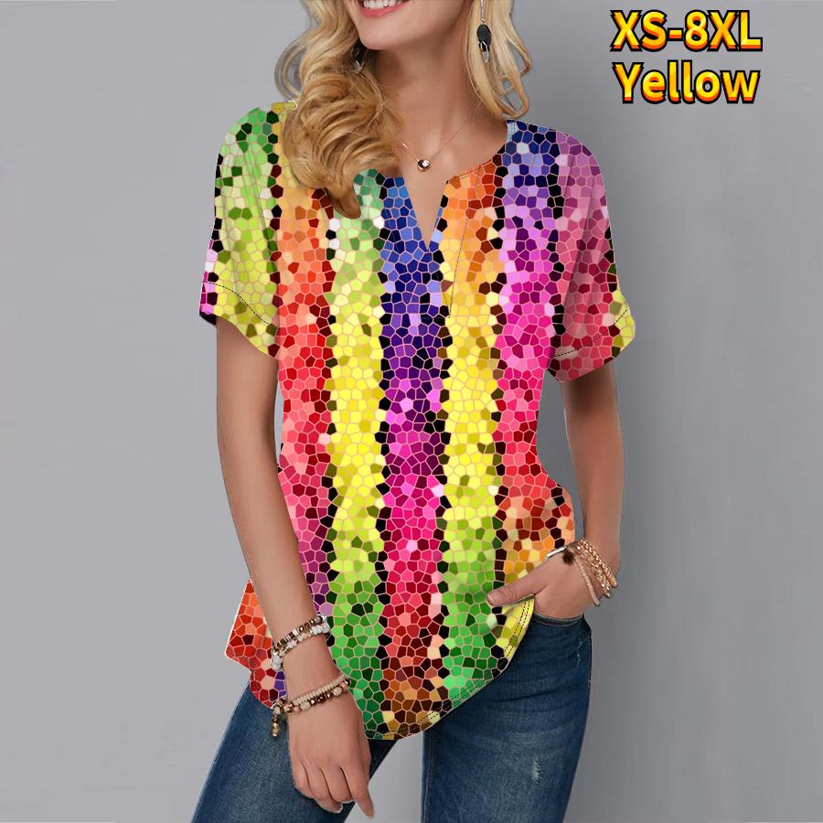 

Женская летняя футболка с разноцветным ромбовидным принтом, футболки с короткими рукавами, повседневные топы, маленький v-образный вырез с короткими рукавами 8XL жёлтый