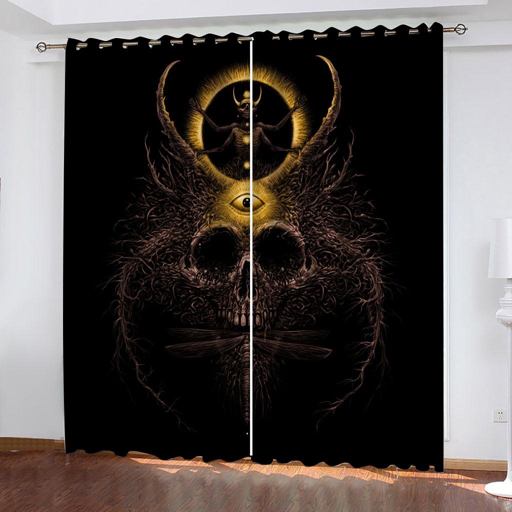 Skull Terror Skeleton Horror Crows Black Boy Window Curtains Drapes for Kids Bedroom Living Room Kitchen Door Home Decor 2Pieces