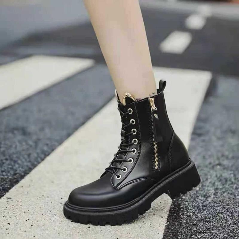 Trend Women's Pu Leather Ankle Boots Autumn Winter Round Toe Lace Up Shoes Woman Classic Fashion Motorcycle Platform Botas