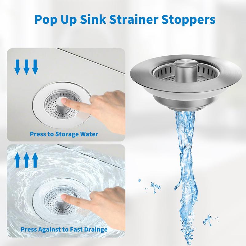 3-in-1 Stainless Steel Kitchen Sink Strainer - Pop-Up Stopper with Anti-Clogging Basket and Odor Filter, Easy Clean Drain Strain