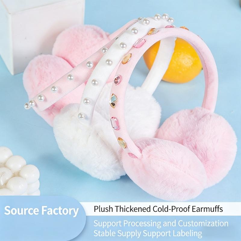Fashionable Plush Earmuffs for Women Girl with Artificial Pearls Winter Warm Comfortable Ear Warmer For Daily Cycling