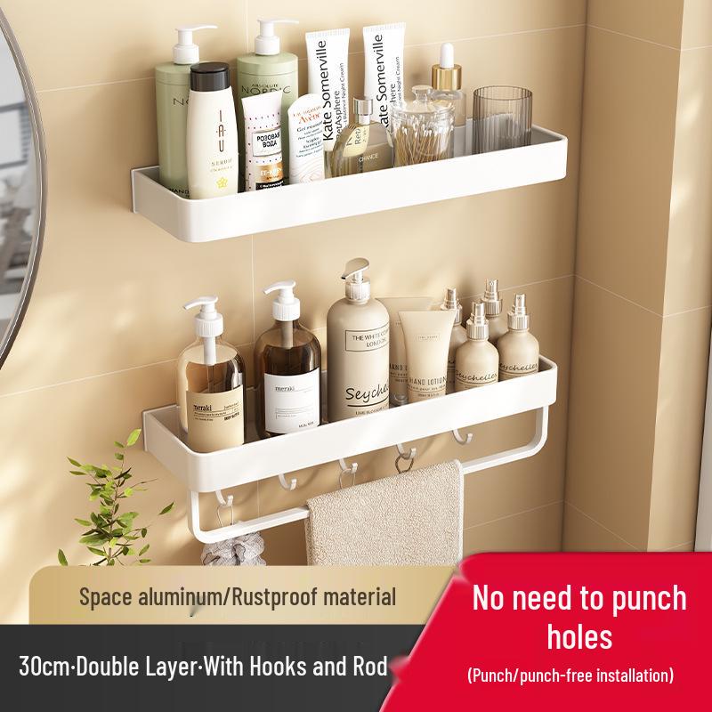 White No-Drill Wall-Mounted Bathroom Organizer and Vanity Shelf