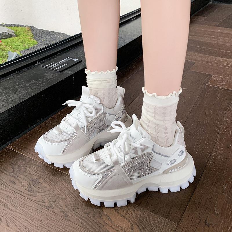 

Модные женские кроссовки конфетных цветов из дышащей сетки, осень 2025, на массивной платформе, клиновидном каблуке, повседневная обувь на мягкой толстой подошве 40 белый