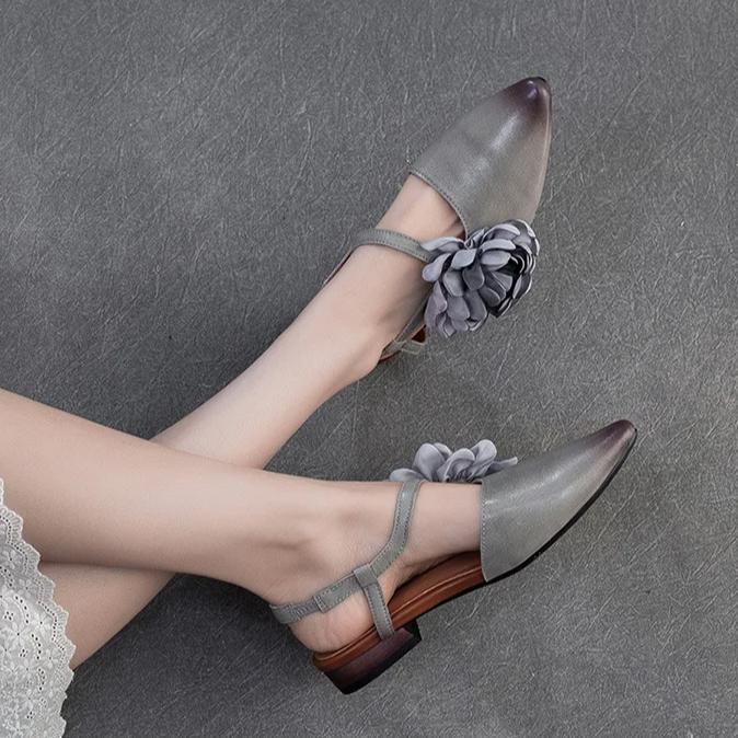 Johnature Genuine Leather French Flower Pointed Toe Sandals Retro Versatile Women's Low Heel Shoes