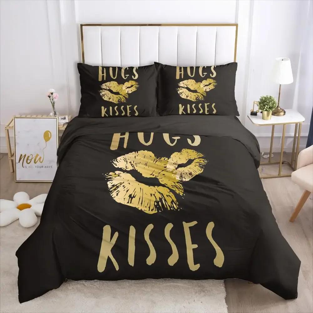 Amor Labial Rojo Tema Sexy Marcas de Beso Cómodo Edredón Funda de Edredón Funda de Almohada Juego de Ropa de Cama Decoración Habitación Infantil Textil para el Hogar