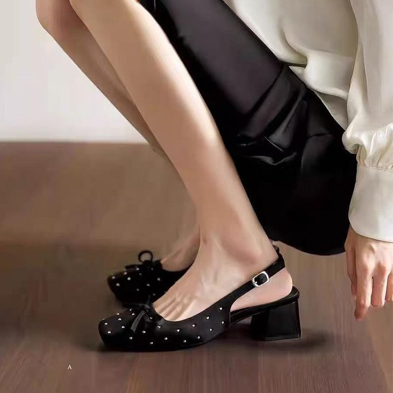 

2025 summer new bow word bag head sandals women s fashion versatile thick heel square head Mary Jane single shoes 40