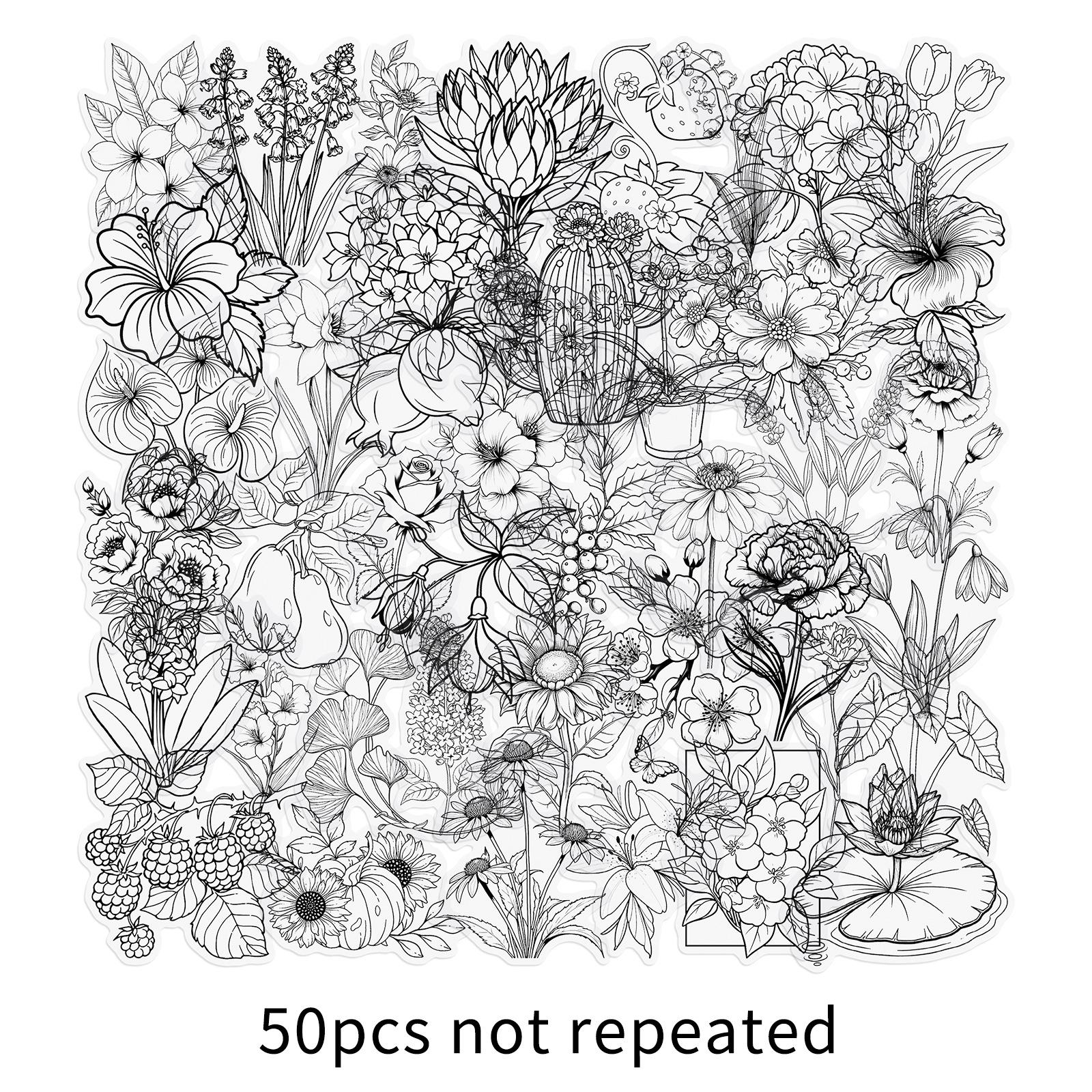 

50 Transparent Black & White Floral Plant Stickers - Waterproof PET for Decor & Crafts
