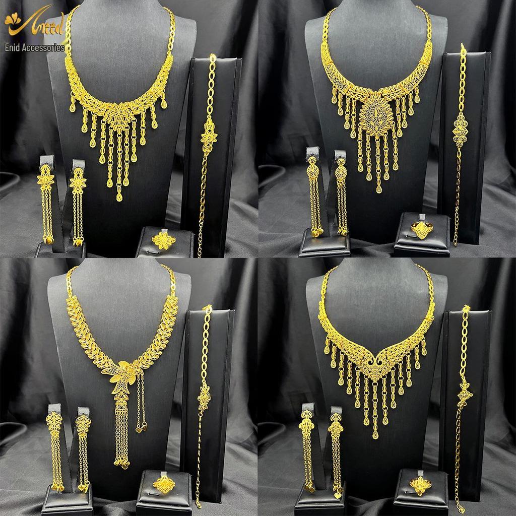Elegant Arabic Wedding Tassel Necklace Set - 24K Gold-Plated Jewelry, Four-Piece Collection