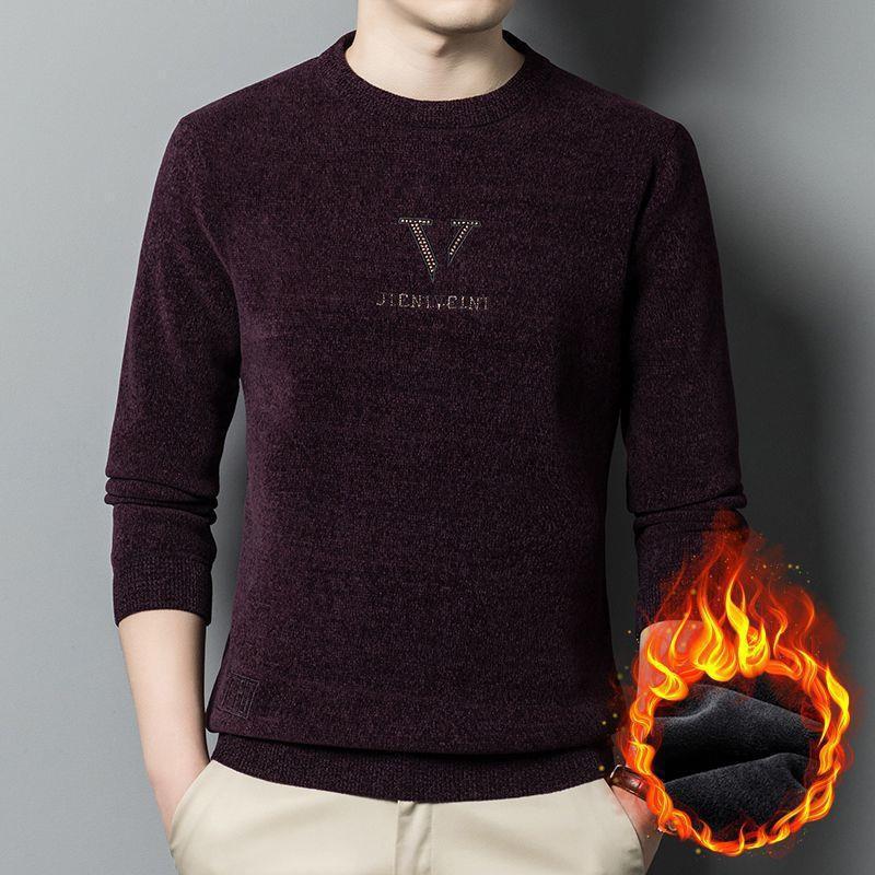 Winter Men's Crewneck Long Sleeve Sweater New Men's Chenille Plus Fleece Knit Sweater Men's Casual Men's Undercoat