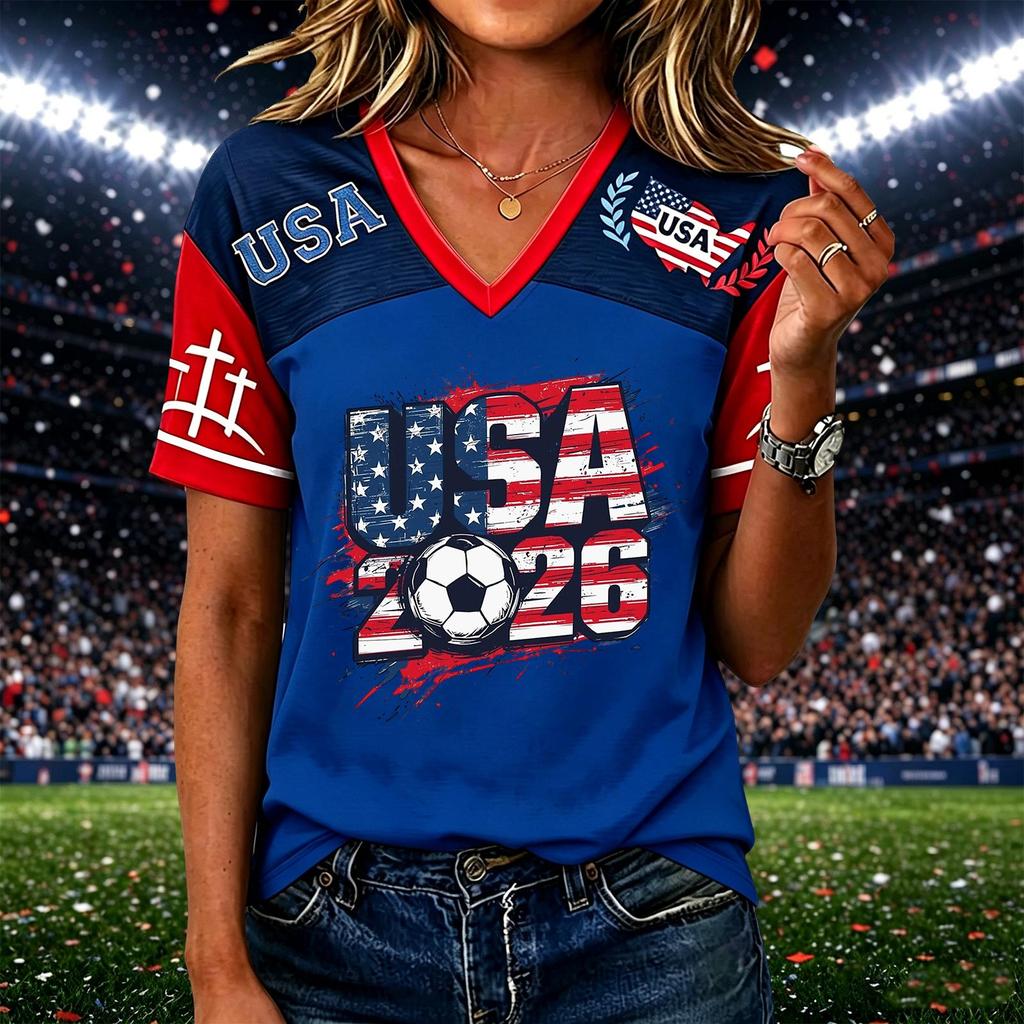 Women’s Casual Short Sleeve V Neck Pullover Top with USA 2026 Soccer Graphic Print Comfortable Loose Fit T Shirt for Daily Wear