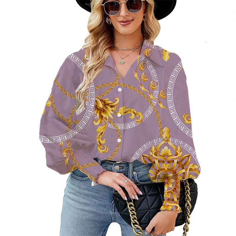 

Европейская и американская женская рубашка с пышными рукавами, свободная повседневная однобортная верхняя женская одежда с лацканами с цепочкой и принтом