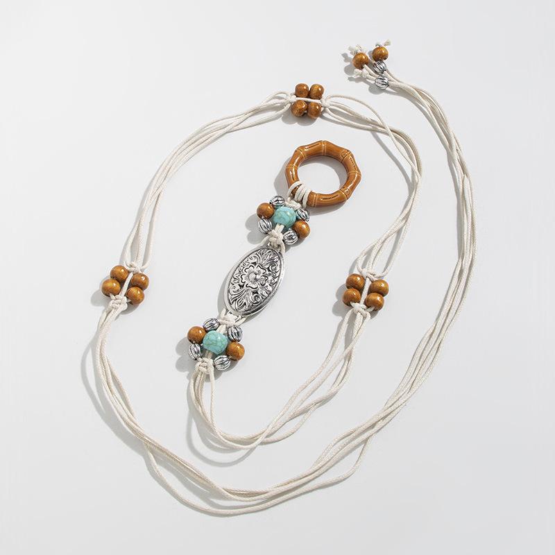 Boho Belt Round Buckle Braided Wooden Bead Waist Rope Natural Vacation Style Waist Rope