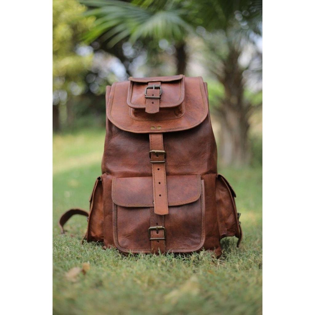 Goat Leather Bag Backpack Rucksack Laptop Vintage Brown Genuine Travel New Men's