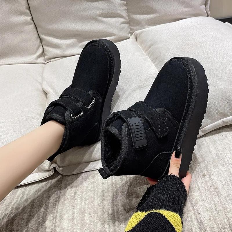 Mode 2024 Winter Outdoor Knöchel Schneestiefel Damen Plüsch Warme Schuhe Klassische Ultra Plattform Rindsvelours Pelzig Klettverschluss Flache Stiefeletten