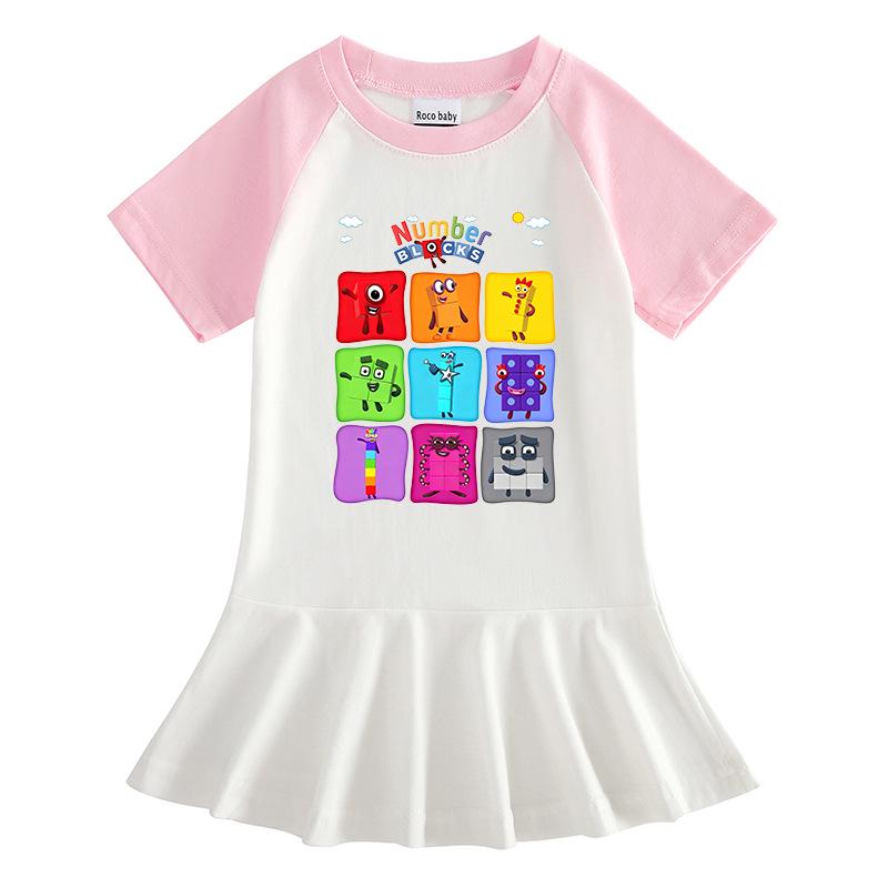 Summer Cartoon Raglan Color Block Pleated Dress for Girls