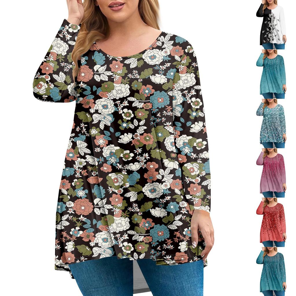 Women's Plus Size Top, Garden Collar Long Sleeved Shirt, Fashionable Floral Print Casual Top