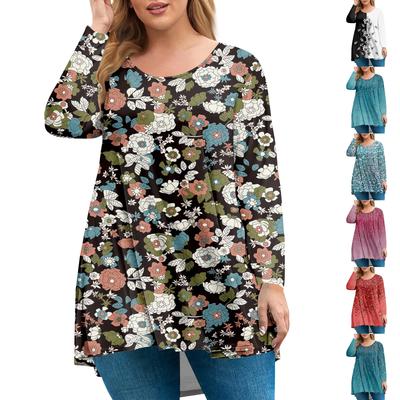Women's Plus Size Top, Garden Collar Long Sleeved Shirt, Fashionable Floral Print Casual Top