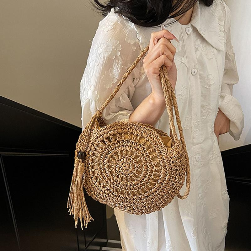 Women Hollow Straw Bag Circle Rattan Bag Round Soft Paper Rope Shoulder MessengerBag Tassel Summer Beach Handmade Crossbody Bags