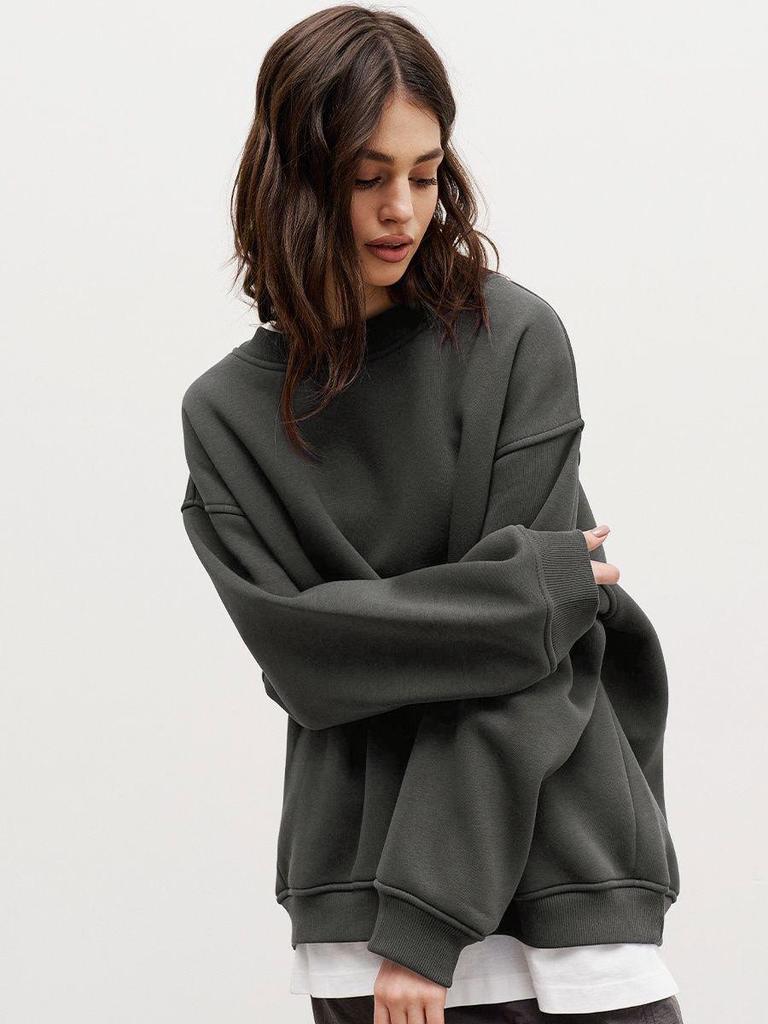 Women's European & American Oversized Fleece Crew Neck Sweatshirt - Solid Color for Autumn/Winter 2025