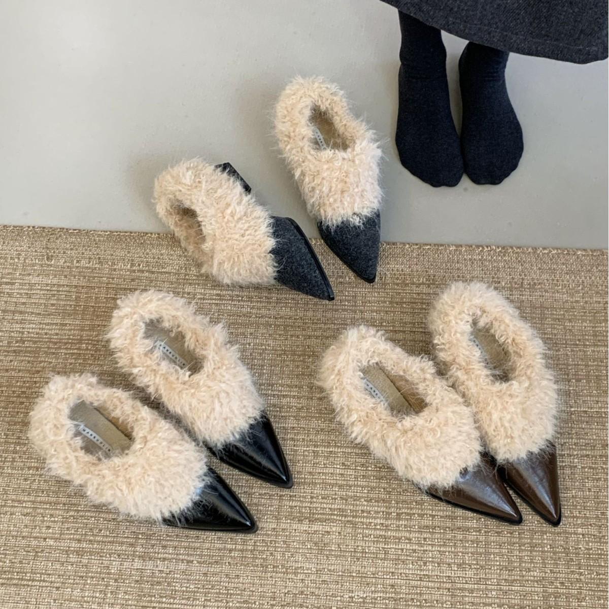 

Корейские туфли-лодочки на плоской подошве на одном ремешке, пушистые маленькие кожаные туфли, новинка 2025 года, туфли Мэри Джейн, женские зимние бархатные туфли 39 коричневый