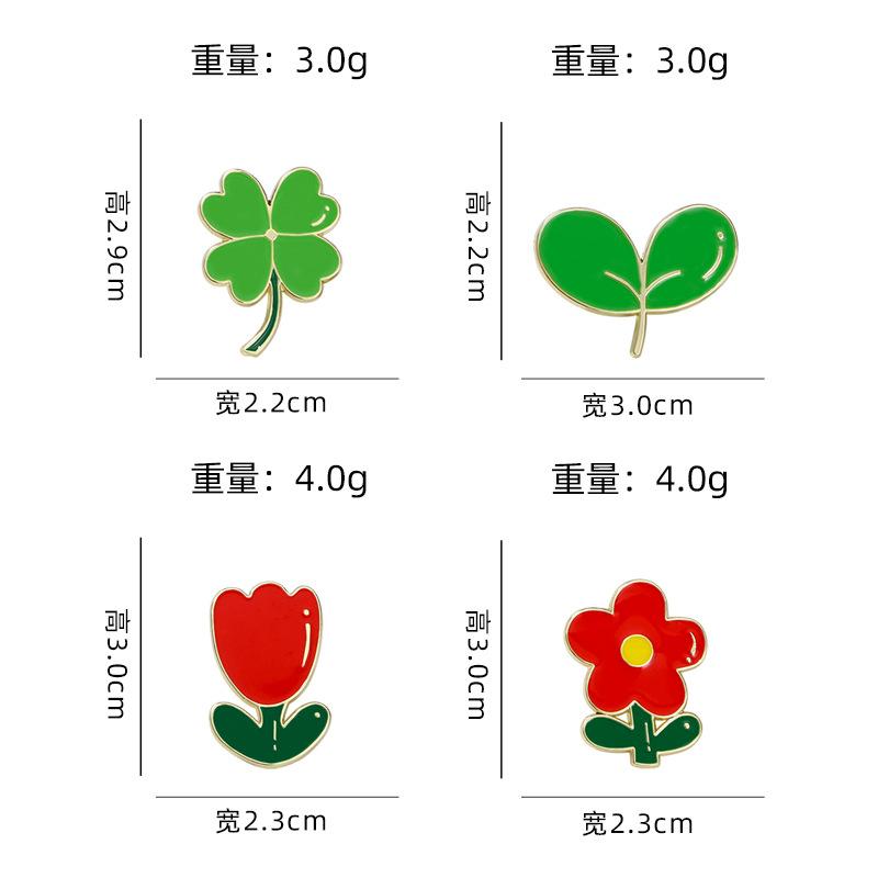 Cute Plant Little Safflower Badge Four Leaf Clover Green Leaf Red Plum Blossom Alloy Oil Drip Brooch