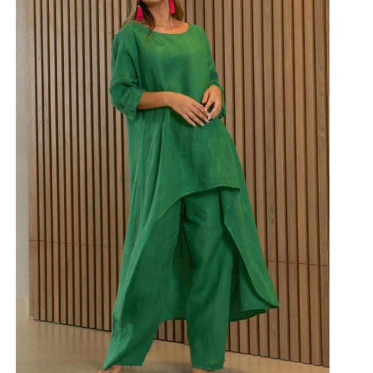 2023 Women's Plus Size Cotton Linen Two-Piece Set: Irregular Long Sleeve Top & Wide Leg Pants.