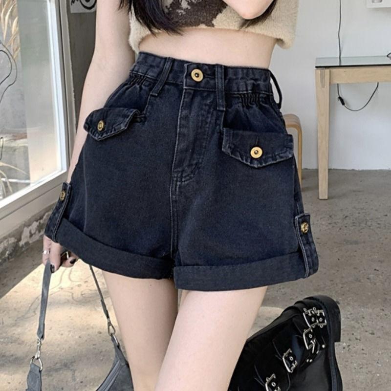 

Большие ретро-шорты из денима с высокой талией и закатанными краями для женщин, летние свободные широкие брюки, прямые шорты А-силуэта для девушек XL чёрный