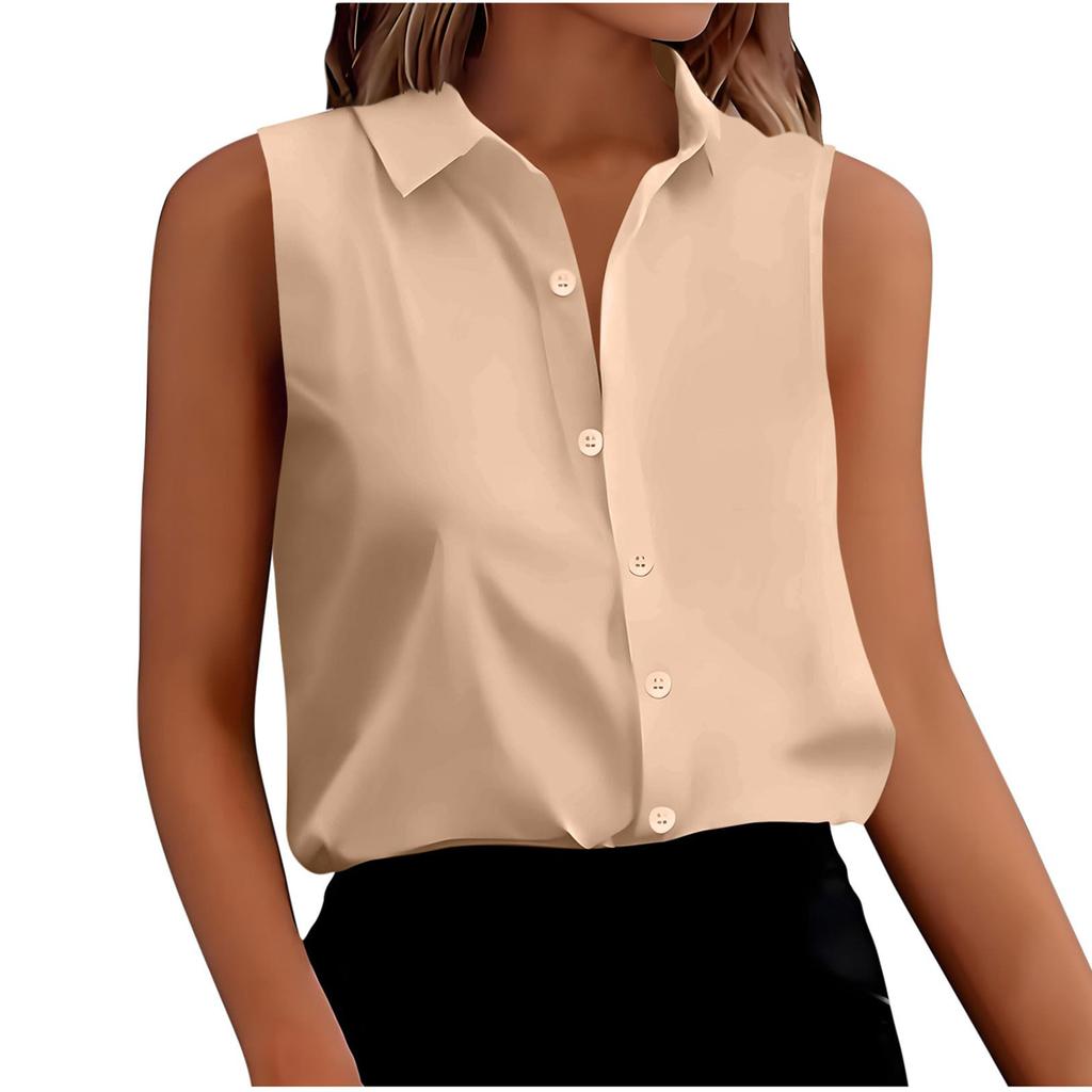 Damska Modna Letnia Koszula z Kolorowym Kołnierzykiem na Guziki Bez Rękawów Luźny Top Koszulowy