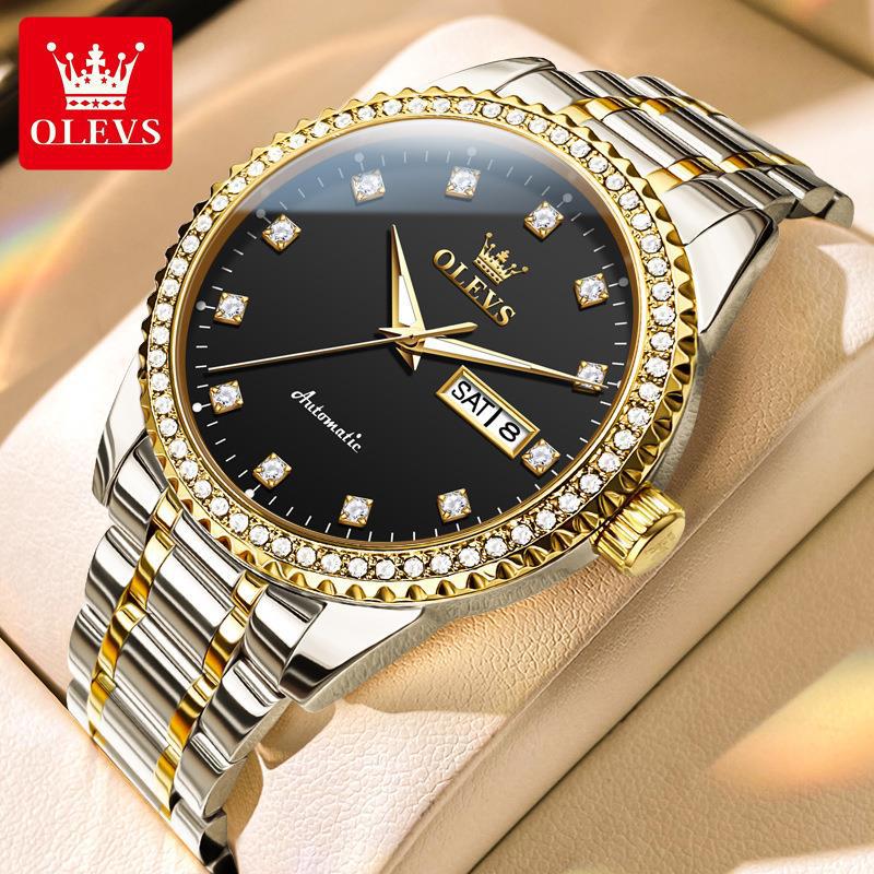OLEVS Men's Watch Luxury Brand Diamond Automatic Mechanical Watch Stainless Steel Waterproof Calendar Business Men's Watch