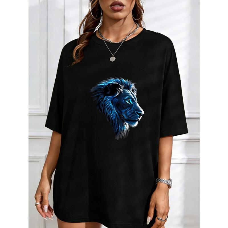 Women Casual T Shirt White Blue Lion Head Print For Daily Wear And Outing