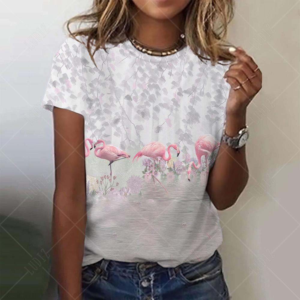 Moda feminina camiseta com gráfico de flamenco 3D impresso manga curta verão oversized poliéster fibra roupas