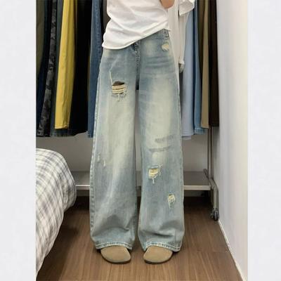 Damskie Jeansy Vintage z Dziurami Spodnie Szerokie Nogawki Luźne Skinny Wysoki Stan Retro Styl Uliczny Workowate Długie Jeansy dla Kobiet