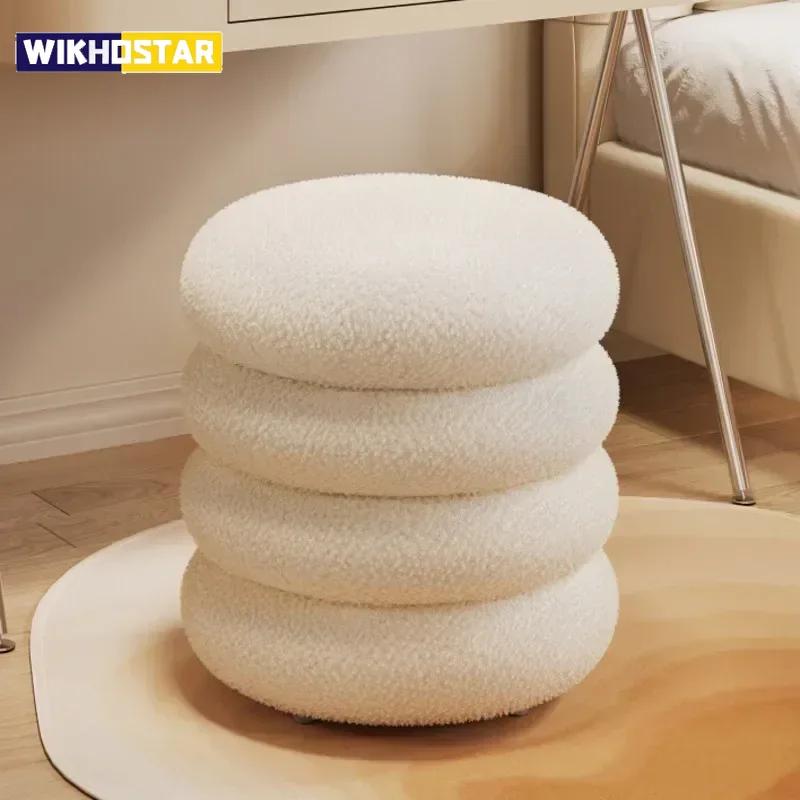 Creamy Household Stool Girls' Makeup Seat Bedroom Vanity Chair Soft Lamb Wool Pouf Minimalist Manicure Round Ottoman