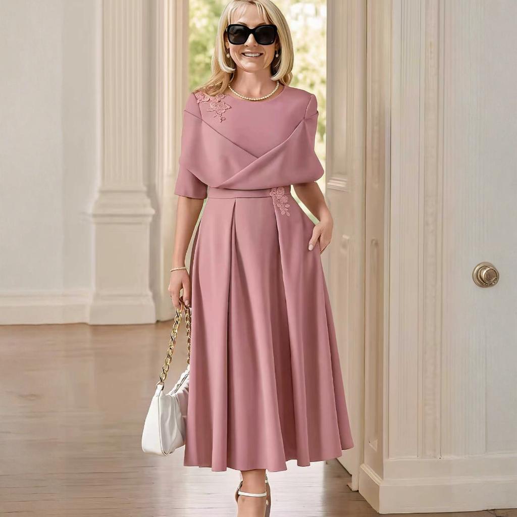 Women’s Midi Dress with Embroidered Detailing Elegant Pleated Skirt and Overlay Top Suitable for Formal Events