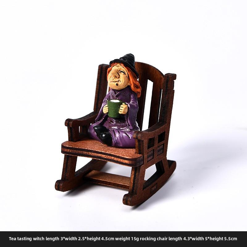 Halloween Witch Ghost Rocking Chair Cute Handmade Figurine Tabletop Ghost in Black Costume Resin Vehicle Figurine