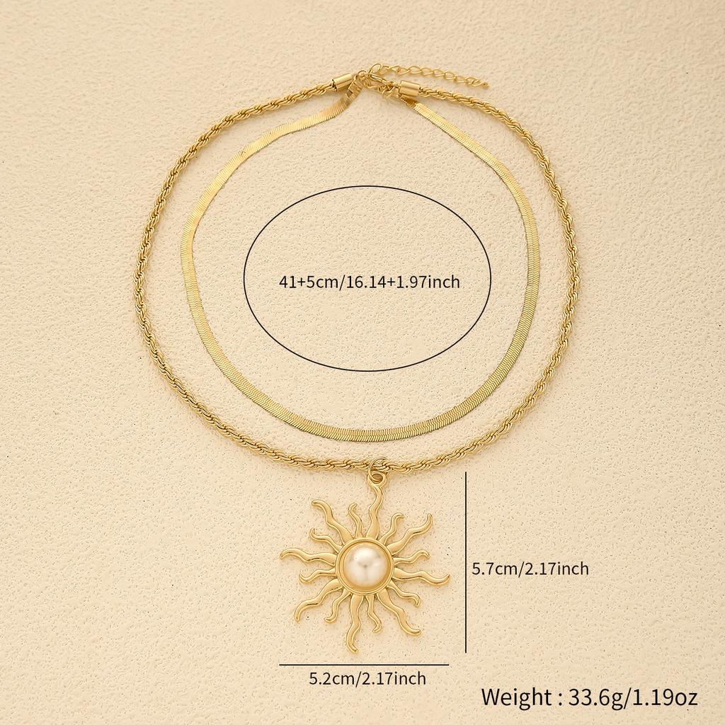 Women Two Layer Pearl Sunflower Pendant Necklace