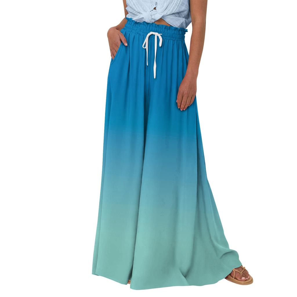 Damskie spodnie z szerokimi nogawkami i wysokim stanem Letnie, luźne spodnie palazzo z nadrukiem Spodnie plażowe z kieszenią