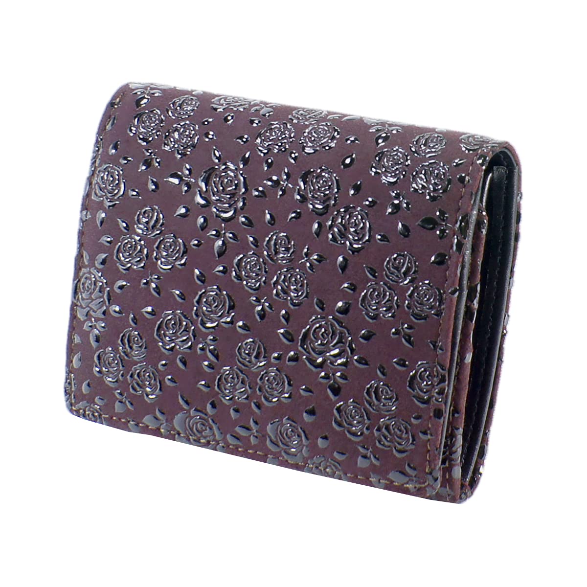 

Indenya Inden Bifold Wallet with H-shaped Bill Compartment and Box-Shaped Coin Purse, Deerskin, Purple with Black Lacquer, Small Rose Pattern,