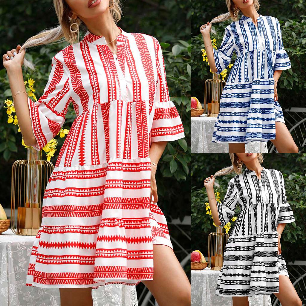Women's Clothing Popular European Summer Striped Loose Five-quarter Sleeve Dress