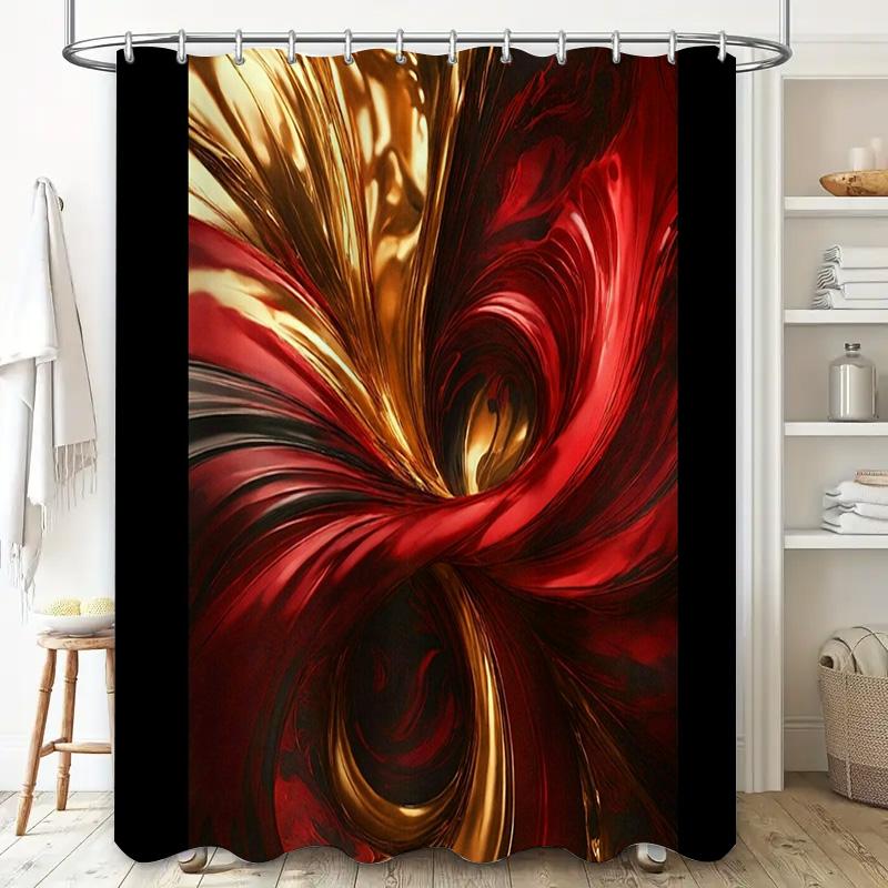 Cortina de Ducha Abstracta Lujosa Rojo-Dorado para Decoración de Baño Patrón de Remolino Impreso Tejido Impermeable con Juego de Anillas (Tamaño72x84i