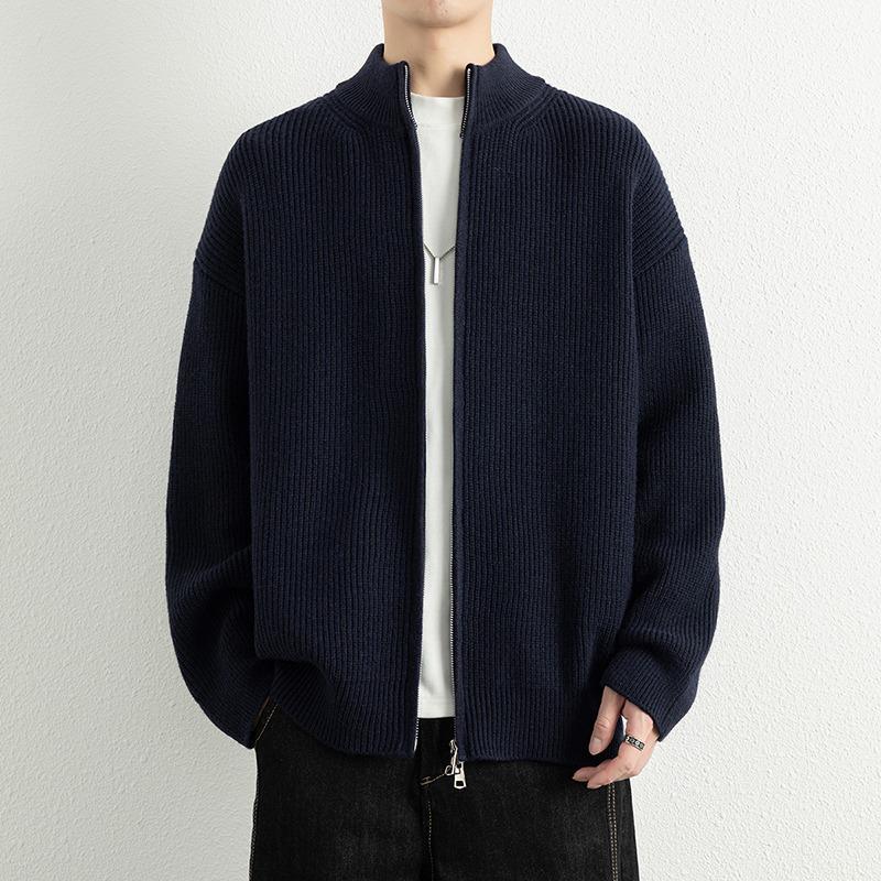 Men's Stand Collar Double Zipper Cardigan Sweater - High-End Lazy Style for Autumn and Winter