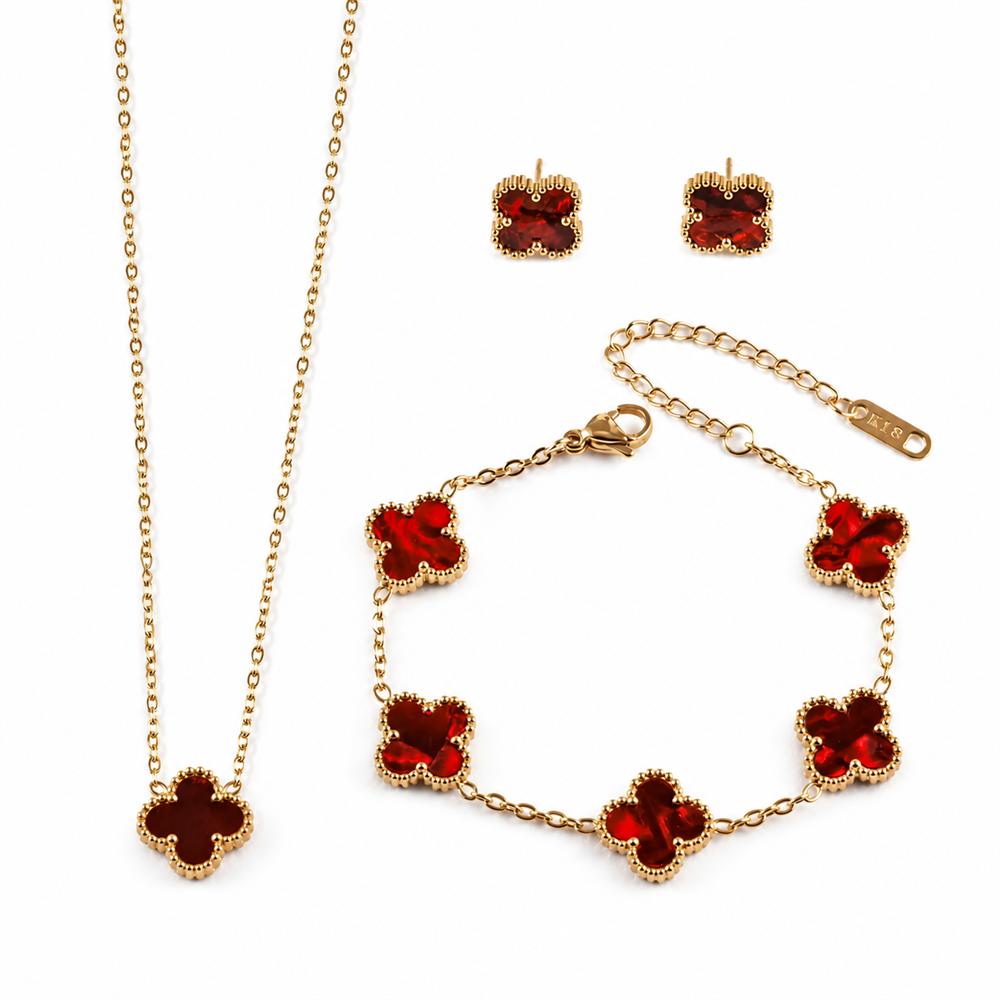 18K Gold-plated 13mm Four Leaf Clover Stainless Steel Jewelry Set Necklace Bracelet Earrings 3-Piece Set for Women Party Trendy
