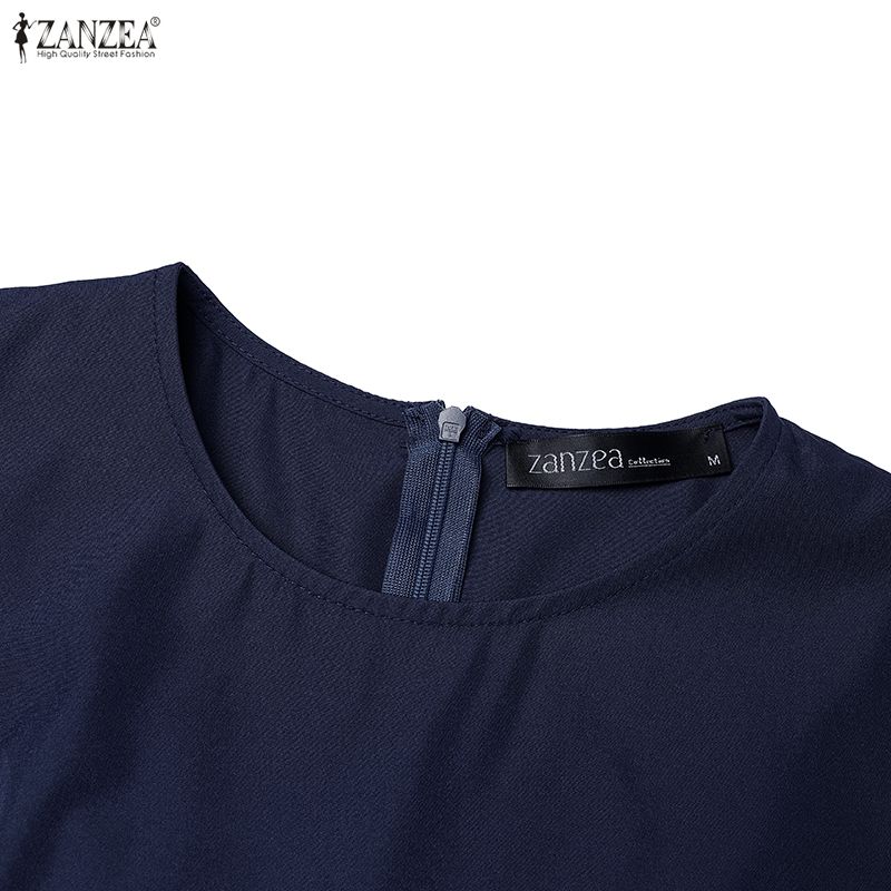 ZANZEA Women Casual Round Neck Solid Color Short Sleeve Summer Pleated Dress