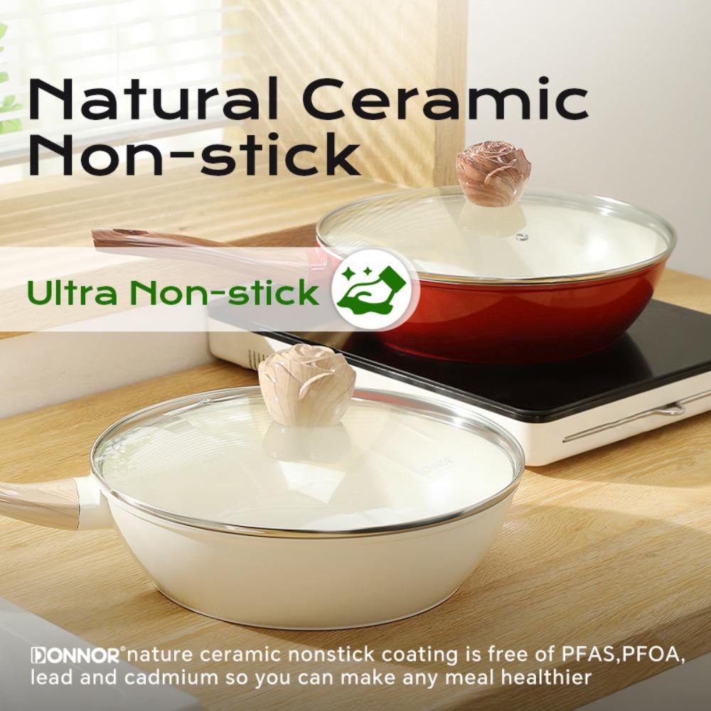 DONNOR Nonstick Ceramic Frying Pan Skillet 3.6L Frying Pan Skillet  with Lid Ceramic Skillets PFAS-Free Heat Resistant Handle
