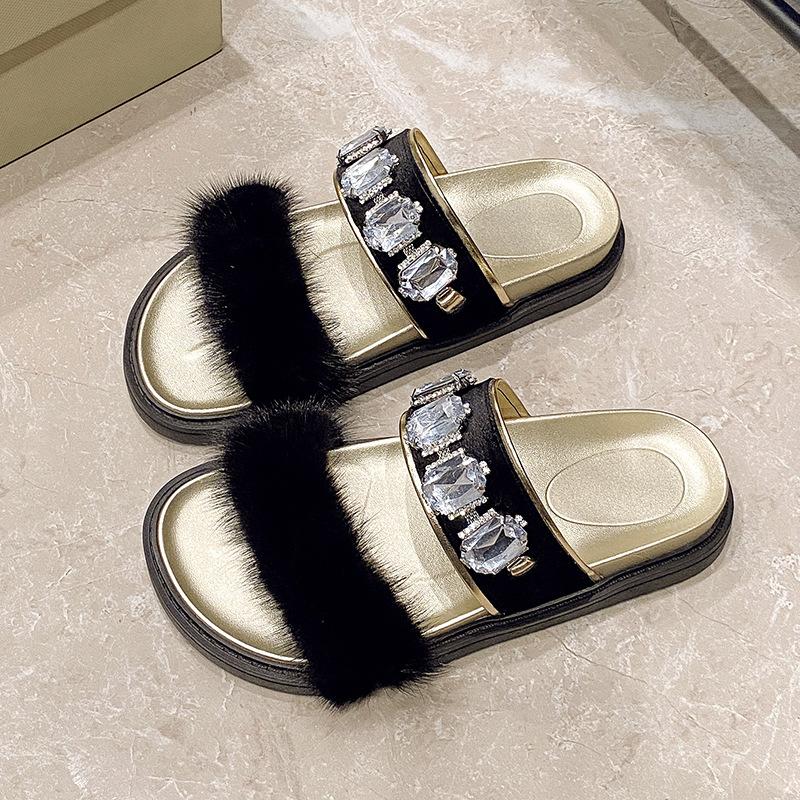 Cool Slippers Women's Summer New Soft Leather Fashion Square Diamond Outside Wear Flat Beach Word with Mink Hair Shoes