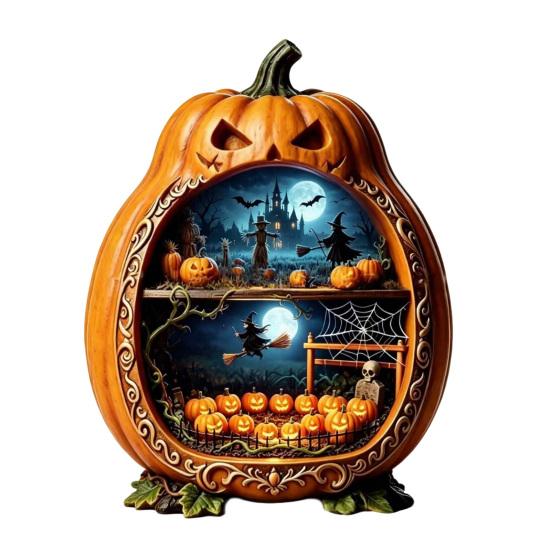 Rustic Halloween Tabletop Decor Centerpiece Pumpkin, Wooden Pumpkin Ornament with Miniature Scenes, Jack-o'-lantern Table Decorations Skeleton