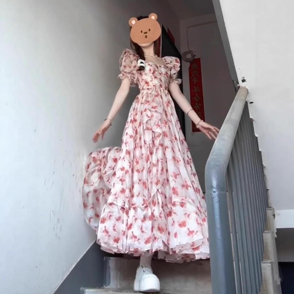 Atemberaubendes französisches Campanula Rosa Blumen Chiffon Sommerkleid - Super Feenhaft Langer Stil